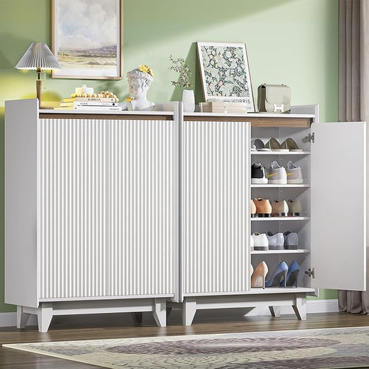 White Fluted Shoe Cabinet with Adjustable Shelves, Shoe Cabinet Storage for Entryway Hallway Living Room Bedroom, Shoe Rack Cabinet with 2 Doors 2PC, White & Walnut 43.7” H-NeatNest