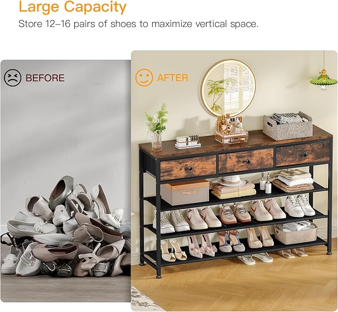 usikey 4 Tier Shoe Rack with 3 Drawers & 3 Fabric Shelves, Holds 15-18 Pairs, Metal Shoe Storage with Wood Top, Shoe Organizer for Entryway, Closet, Apartment, Rustic Brown-NeatNest