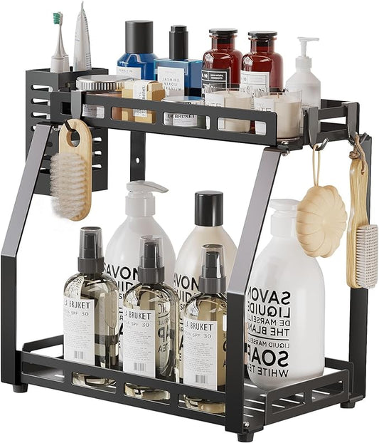 Bathroom Organizer Countertop, 2 Tier Bathroom Counter Organizer Rack Storage Caddy for Toiletries, Standing Vanity Shelf Tray, Sturdy, Metal Black, Medium 12.1''L x 7.6''W