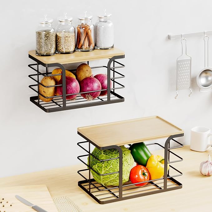2 Pack Trash Bag Holder,Wall Mount Garbage Bag Dispenser with Bamboo Top,Stackable Storage for Kitchen Pantry Laundry Organization,Black Large and Small-NeatNest