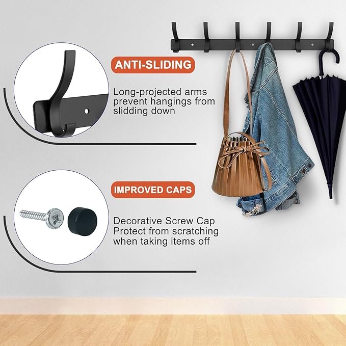 Coat Rack Wall Mounted,6 Coat Hooks for Hanging Coats,Metal Double Hook Rack Hook Rail,Coat Rack with Hooks,Wall Mount Coat Hanger for Hat Towel Purse Robes (2 Pack Black, 6 Hooks)-NeatNest