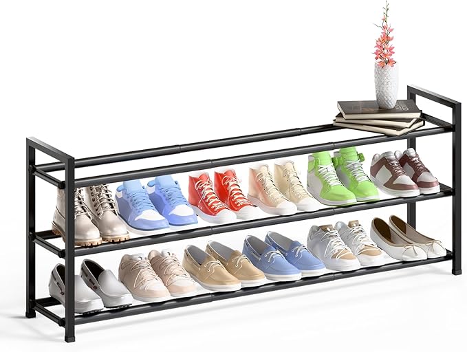 Bumusty 3-Tier Long Expandable Shoe Rack for Closet, 18"-44" Adjustable Shoe Rack for Entryway, 15-18 Pairs Large Shoe Organizer Shelf Storage, Sturdy Metal, Black-NeatNest