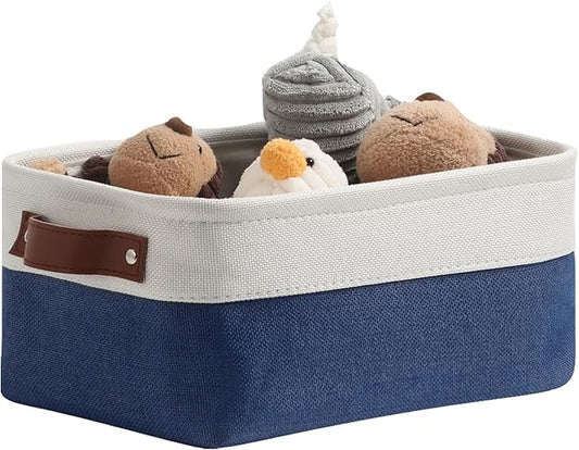 DULLEMELO Small Storage Bin,Small Fabric Rectangular Storage Basket for Shelves,Collapsible Bin for Toy and Clothes Storage (White&Blue,1 Pack)-NeatNest