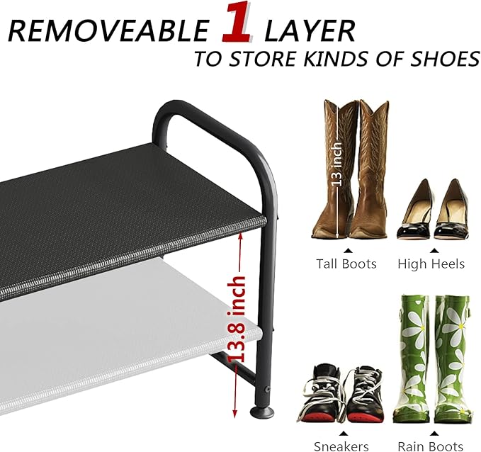 Shoe Rack 2 Tier Long Storage Organizer Wide Metal Shoe Shelf for Closet Entryway Black-NeatNest