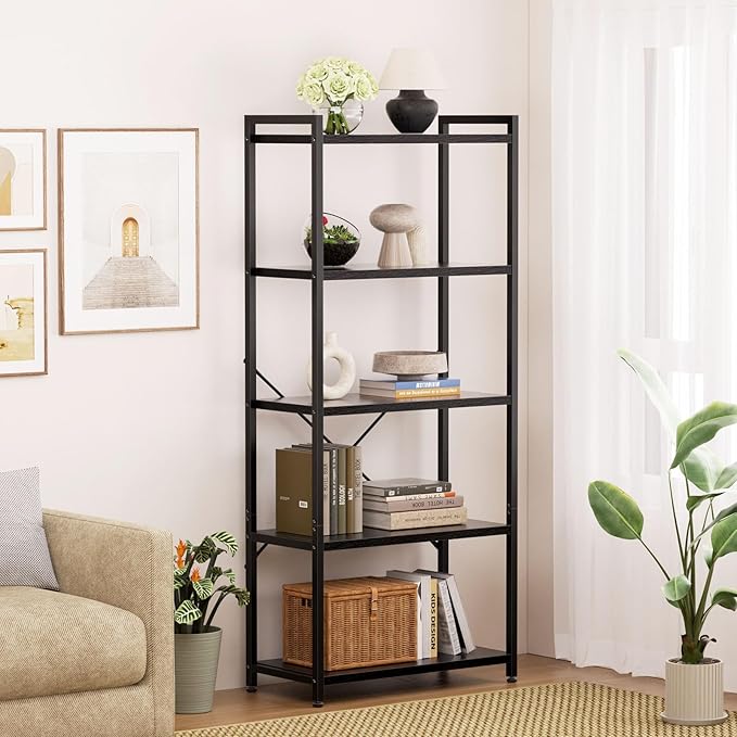 Casaottima Book Shelf, 5 Tier Bookshelf, Modern Wood Bookcase Shelves for Bedroom, Industrial Display Shelf for Living Room Home Office Kitchen, Standing Shelving Unit Storage Organizer, Black-NeatNest