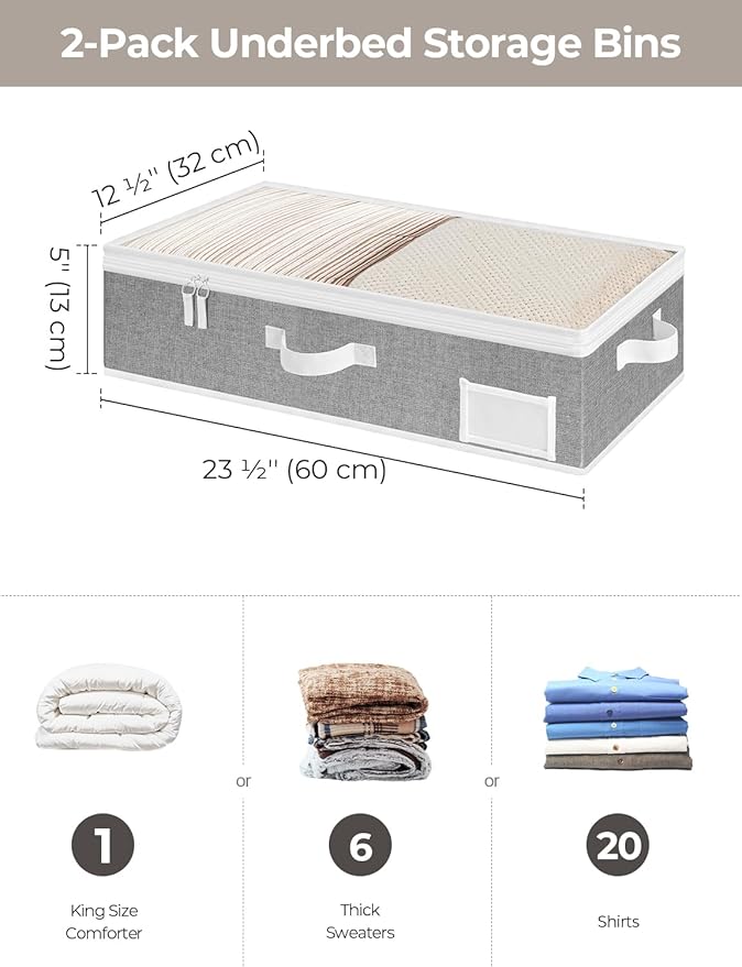 StorageWorks Under Bed Storage Containers with Handles and Label Holder, 2 Pack Ultra-thick Fabric Underbed Bins, Closet Organizer for Clothes, Blankets, Sweater-NeatNest
