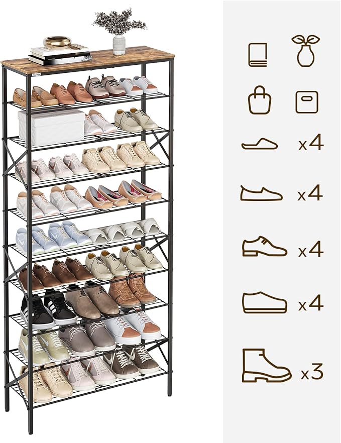 10 Tier Shoe Rack, Large Capacity Shoe Storage Organizer Holds 40 Pairs, Durable and Stable, for Entryway, Hallway, Closet, Dorm Room, Rustic Brown SS10BR-NeatNest