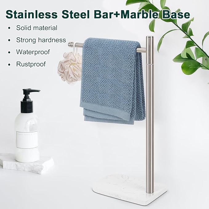 Hand Towel Holder, L-Shape Hand Towel Stand with Marble Base, Stainless Steel Swivel Hand Towel Rack Bar Standing for Bathroom Kitchen Countertop, 1 Arm (Brushed Nickel)