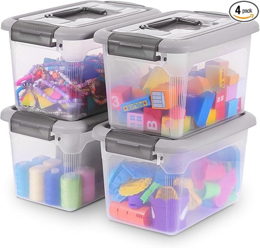 Citylife 4 Packs 6 QT Plastic Storage Bins with Latching Lids Stackable Storage Containers for Organizing Clear Storage Box for Garage, Closet, Kitchen-NeatNest