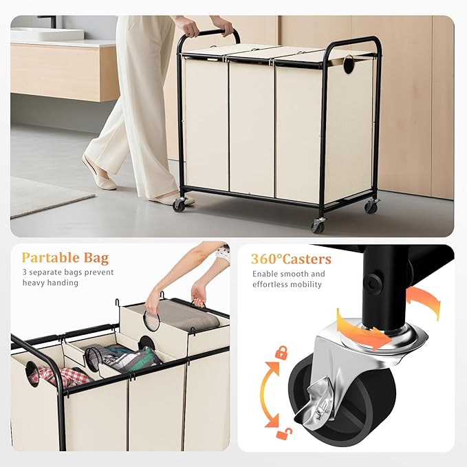 180L (47.55 Gal) Laundry Sorter 3 Section, Rolling Laundry Basket with Lockable Wheels and Lid, Laundry Hamper with 3 Separated Removable Bags Dirty Clothes Hamper for Laundry Room Organizer, White-NeatNest