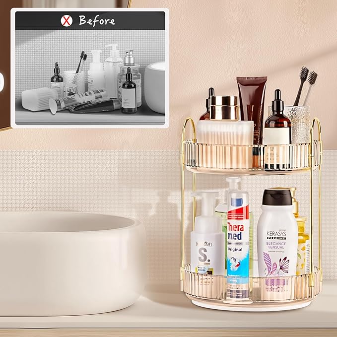 360 Rotating Makeup Organizer - Large Capacity Spinning Perfume & Cosmetic Skincare Holder for Vanity & Countertop (Vibrant Orange, 2 Tier)-NeatNest