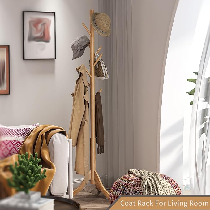 Coat Rack Freestanding, Coat Stands Entryway, Bamboo Coat Rack Hat Hanger 8 Hook for Jacket, Purse, Scarf Rack, Umbrella Tree Stand (Natural)-NeatNest