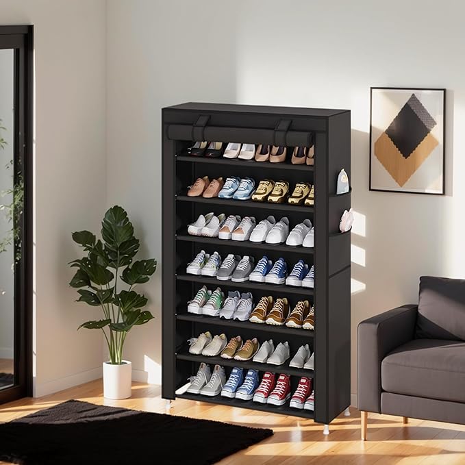 Laiensia 7-Tier Vertical Shoe Rack Organizer, Space Saving Shoe Storage Organizer, Non-Woven Cover Shoe Shelf Holds 28-35Pairs for Bedroom, Hallway, Closet Entryway, Black-NeatNest