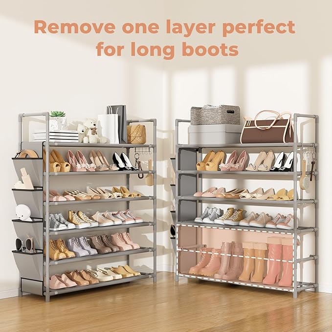 6 Tier Shoe Rack Storage for 24-30 Pairs Shoe and Boot, Shoe Organizer with Hook and Side Pocket Free Standing Long Shoe Shelf Tall Shoe Rack Organizer for Closet, Entryway, Dorm, Grey-NeatNest