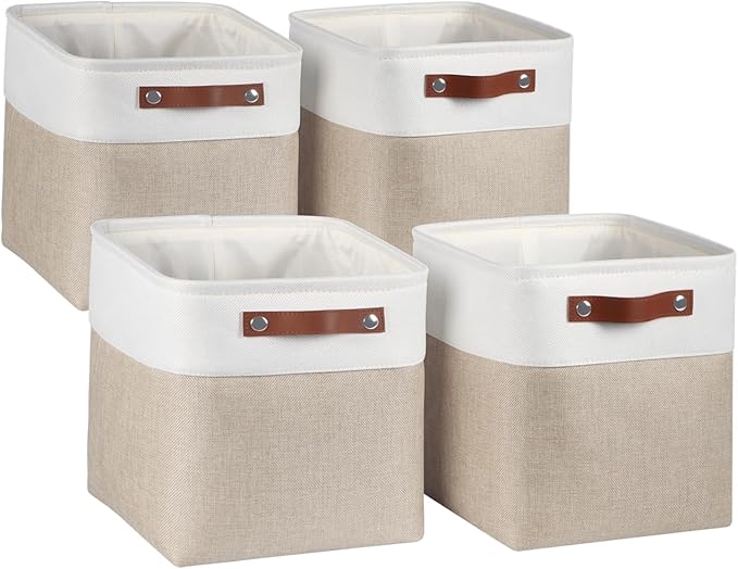 Univivi 4 PC Foldable Storage Baskets,10.5 inch Fabric Storage Bins for Shelf with Hard Bottom,Storage Baskets with PU Handles Cube Storage Bins for Closet Organizing (Khaki)-NeatNest