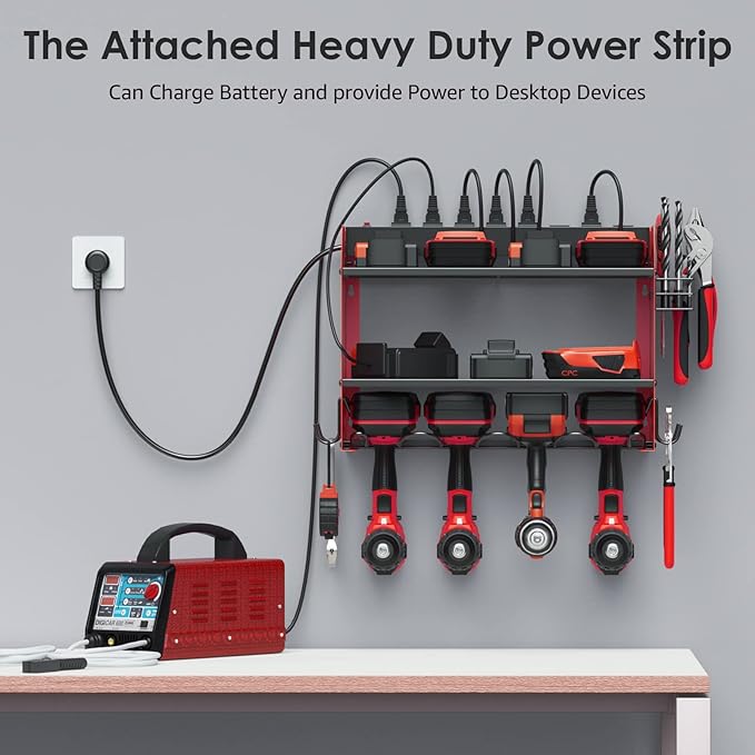 CCCEI Set Power Tool Organizer Wall Mount with Charging Station. Garage 8 Drills Storage Shelf with Hooks, Screwdriver, Drill Bit Heavy Duty Rack, Tool Battery Holder Built in 8 Outlet Power Strip.-NeatNest