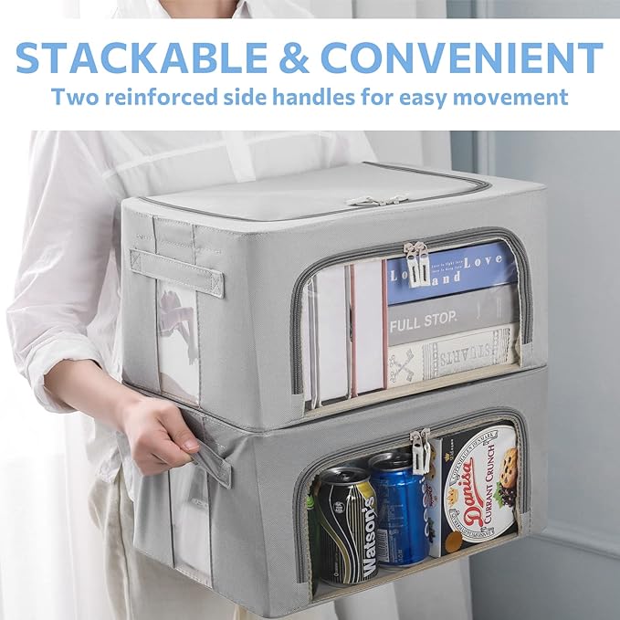 3Pack Frame Storage Box - Clothes Storage Bin Bags Oxford Fabric Foldable Stackable Container Organizer Set with Clear Window & Carry Handles Large Capacity (Grey, Small-22L)-NeatNest