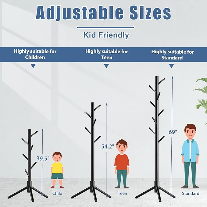 Haddockway Wooden Coat Rack Stand with 8 Hooks New Zealand Pine 3 Adjustable Coat Standing Tree Easy Assembly for Coats, Hats, Scarves and Handbags for Entryway, Hallway, Bedroom, Office-NeatNest