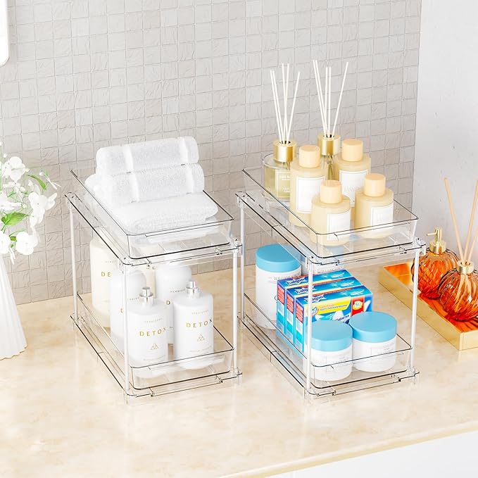 Yieach 4 Pack Under Sink Organizers and Storage,Clear Acrylic Bathroom Organizer and Cabinet Organization for Makeup,Medicine,Two Tier Pull Out Cabinet Organizer Drawers for Pantry,Vanity Storage Bins-NeatNest
