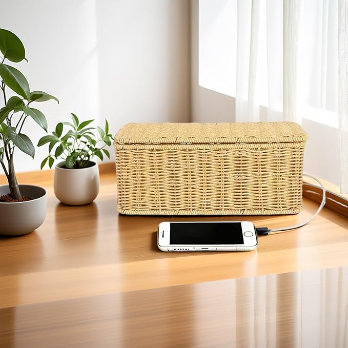 Cable Management Box Organizer,Handmade Rattan Cable Organizer with Lid,2 Side Open Slots Cord Organizer Hider Box to Hide Power Strip & Under Desk for Desk, Floor,12.4" x 5.11" x 5.11"