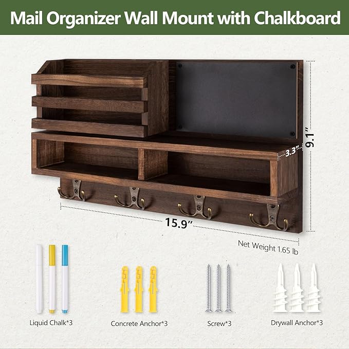 Key Holder for Wall, Wall Mounted Mail Holder Wooden with Shelf & 3 Liquid Chalks & Chalkboard, Mail Sorter Organizer, Rustic Home Decor - Entryway Living Room (15.98”W x 9.1”H x 3.3”D), Brown