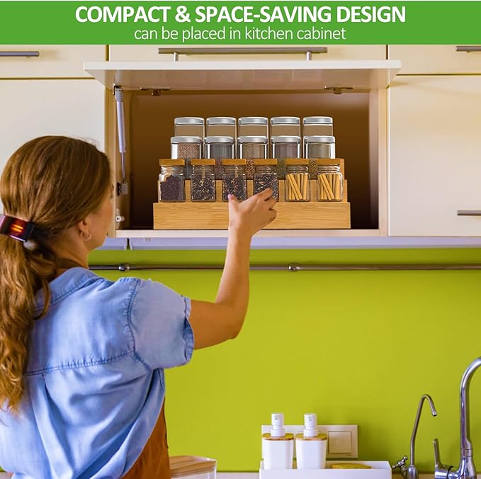 2 Pack Bamboo Spice Rack Organizer for Countertop, 3 Tier Spice Step Shelf for Cabinet (Jars Not Included)