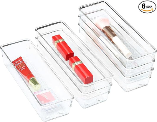 ihomecooker 6 Set Clear Plastic Junk Drawer Organizer Vanity Curlery Utensil Makeups Organizer for Kitchen 9''X 3''-NeatNest