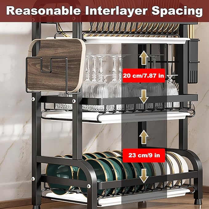 Dish Drying Rack,Dish Racks Drainer,Over The Sink Dish Drainer Drying Rack 3 Tier with Drain Tray,Chopsticks Rack,Knife Holder