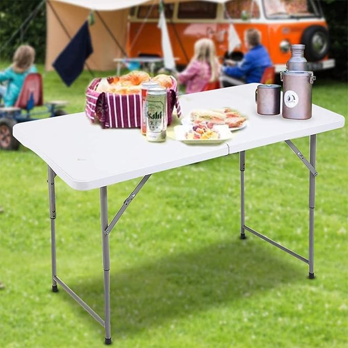 Folding Table 4 Foot Height Adjustable Fold-in-Half Table with Carrying Handle, Small Card Table Indoor Outdoor Use, White-NeatNest