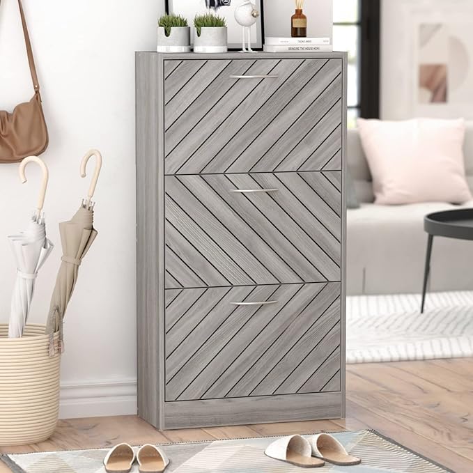 Homsee Modern Shoe Storage Cabinet with 3 Flip Drawers & Twill Louver Doors, Wood 3-Tier Shoe Rack Storage Organizer for Entryway, Hallway & Bedroom, Grey (22.4”L x 9.4”W x 42.3”H)-NeatNest