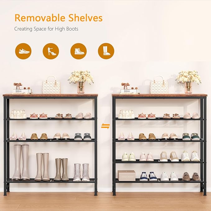 usikey 5-Tier Shoe Rack, Industrial Shoe Storage Organizer for 12-16 Pairs of Shoes, Metal Shoe Shelf with Wooden Top, Shoe Stand with 3 Metal Shelves for Entryway, Hallway, Closet, Rustic Brown-NeatNest