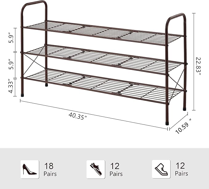 Hoctieon 3 Tier Mesh Style Shoe Rack, Entryway Shoe Shelf, Shoe Storage Organizer, Shoe Rack for Closet, Space Save for Bathroom, Garage, Hallway, Bedroom, Living Room, Brown-NeatNest