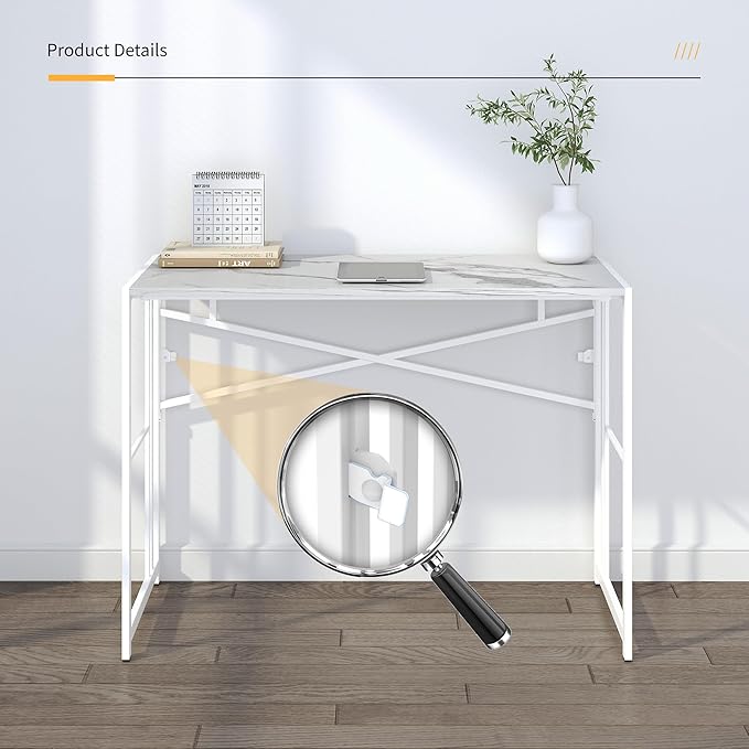 Folding Computer Desk 40 inch Writing Gaming Computer Camping Desk, No Assembly Required Home Office Table, White Marble-NeatNest