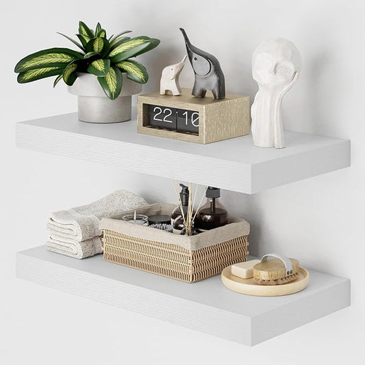 Heimlove 12" Deep White Floating Shelves for Wall, 24 Inch Wall Shelf Bathroom Shelves Set of 2, Wall Mounted Shelves for Books Living Room Laundry Room Bedroom Kitchen Home Office-NeatNest