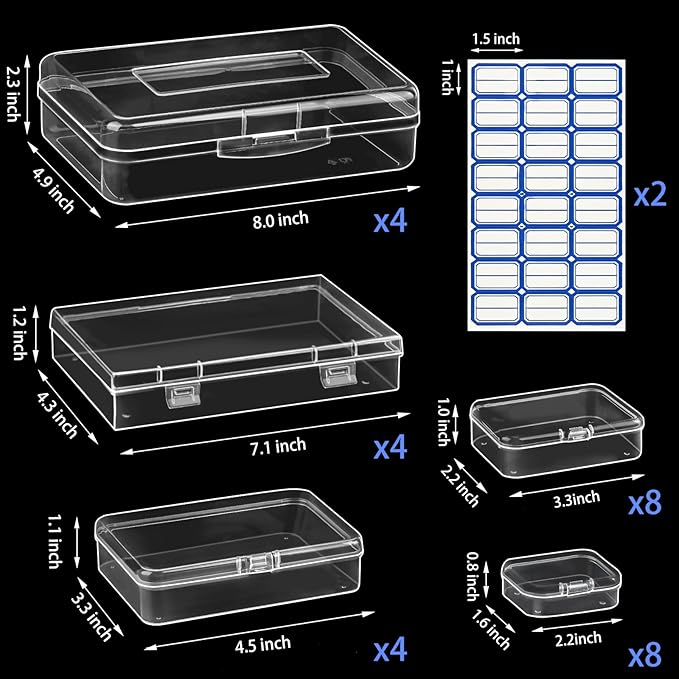 28 Pack Mixed Sizes Rectangular Mini Plastic Containers Clear Plastic Storage Boxes with Hinged Lids and Labels Empty Beads Organizers for Small Items Art Craft Jewelry Projects-NeatNest