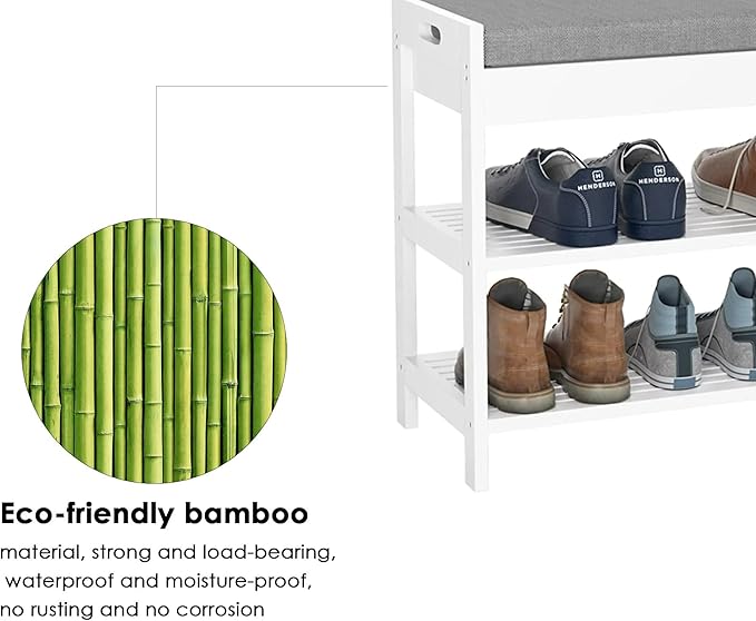 HIFIT Bamboo Shoe Bench Rack with Storage, Entryway Storage Bench with Padded Seat, Shoe Oiganizer Shelf for Entryway Mudroom Bathroom, White