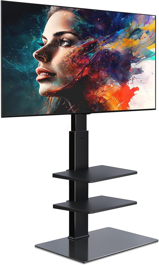 FITUEYES Swivel Floor TV Stand with Mount for TVs 37 43 50 55 60 65 70 75 Inch LCD LED Flat/Curved Screens Universal Swivel Televisions TV Mount Stand for Bedroom Living Room Black Tempered Glass Base-NeatNest