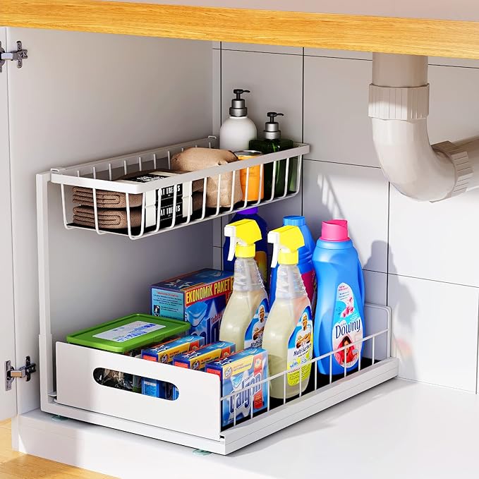 Under Sink Organizer, 2 Tier Under Sink Organizers and Storage Multi-Purpose Under Sink Storage for Bathroom Kitchen (White)-NeatNest