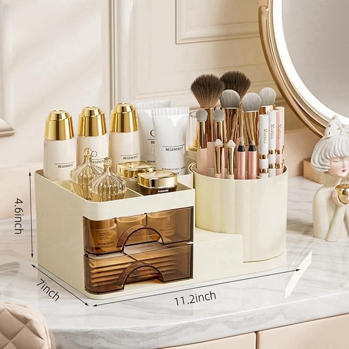 Makeup Organizer for Vanity with 2 Drawers,Countertop Rotating Makeup Brush Holder,Bathroom Organizer Holder,Cosmetic Display Case for Lipstick,Beauty,Skincare Organizer (Cream)-NeatNest