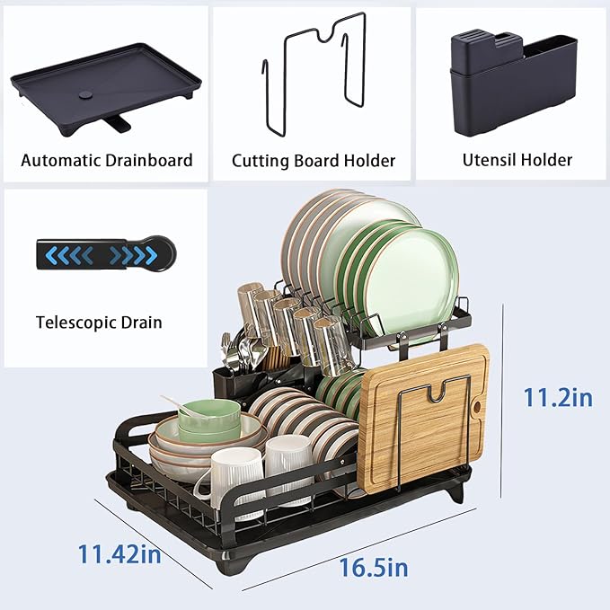2-Tier Dish Drying Rack for Kitchen Counter - Large Collapsible Dish Rack with Drainboard, Rustproof & Non-Slip Design, Space Saving Dishwasher Rack Dish Drainer -Black