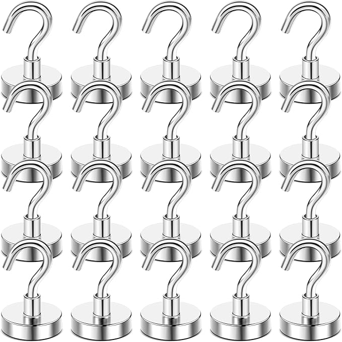 DIYMAG Magnetic Hooks, 50 LB Heavy Duty Magnet with Hooks,20 Packs Strong Rare Earth Neodymium Magnet Hooks for Hanging, Magnetic Hanger for Curtain, Home, Kitchen, Workplace-NeatNest