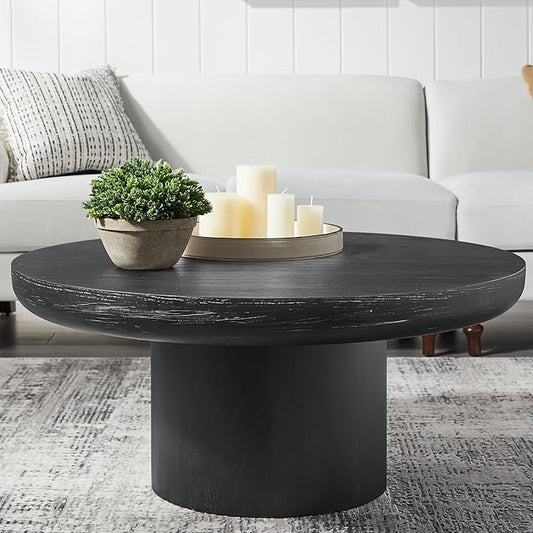 KEVINSPACE Round Coffee Table 36" Wood Coffee Table for Living Room Circle Farmhouse CoffeeTable CenterTable Mid-Century Round WoodCoffeeTable Modern Sofa SideTable Bedroom Home Furniture Black