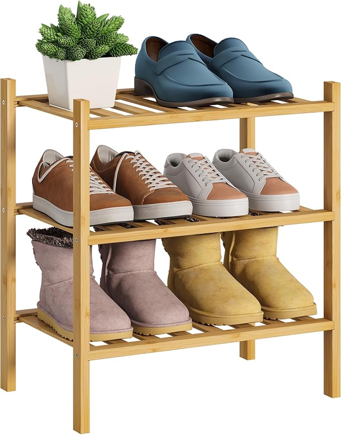 BMOSU 3-Tier Bamboo Small Shoe Rack Premium Stackable Shoe Shelf Storage Organizer for Hallway Closet Living Room Entryway Organizer (Natural Bamboo)-NeatNest