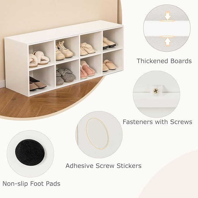 Tangkula 8 Cubbies Shoe Storage Bench, Shoe Organizer with 500 LBS Weight Capacity, Cubby Shoe Rack Storage Cabinet for Entryway, Hallway, Living Room and Bedroom (White)