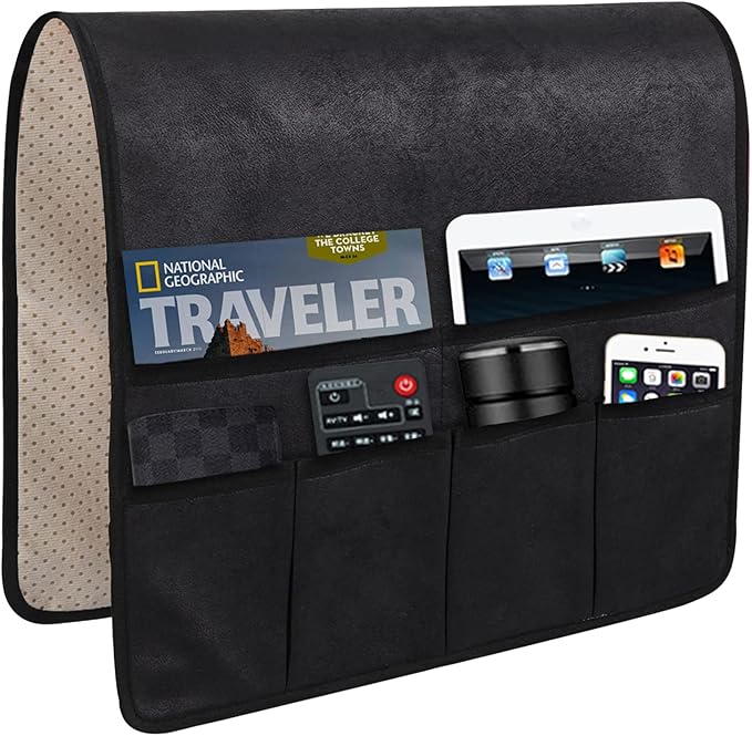 HAOMAIJIA Anti Slip Sofa Armrest Organizer Arm Chair Bedside Caddy Storage Organizer For Recliner Couch With 6 Pockets For Cell Phone Tv Remote Control Magazines (black)-NeatNest