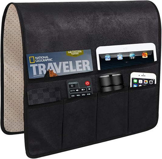 HAOMAIJIA Anti Slip Sofa Armrest Organizer Arm Chair Bedside Caddy Storage Organizer For Recliner Couch With 6 Pockets For Cell Phone Tv Remote Control Magazines (black)-NeatNest