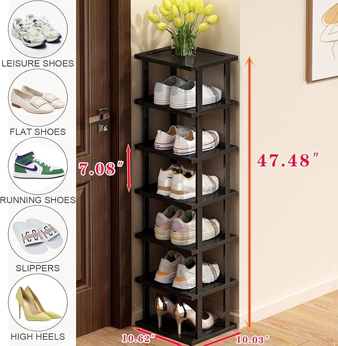 Vertical Shoe Rack - Tall Narrow Shoe Rack Organizer for Small Spaces,7 Tier Bamboo Shoen Shelf for Entryway,Closet,Corner,Doorway,Skinny Shoe Shelf Space Saving Shoe Storage,Free Stackable DIY-NeatNest