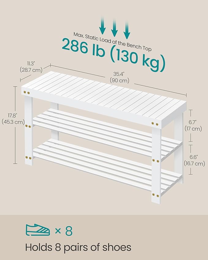 SONGMICS Shoe Rack Bench, 3-Tier Bamboo Shoe Storage Organizer, Entryway Bench, Holds Up to 286 lb, 11.3 x 35.4 x 17.8 Inches, for Entryway Bathroom Bedroom, Cloud White ULBS090W01-NeatNest