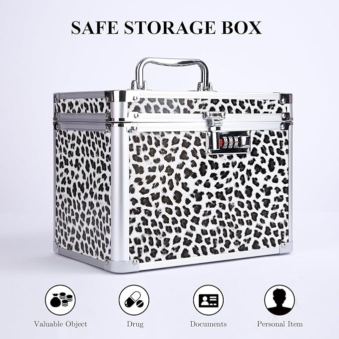 Medication Combination Lock Boxes with Code for Personal Items, Medicine Lockbox for Documents 10 x 7.25 x 7.75 Inches White Leopard