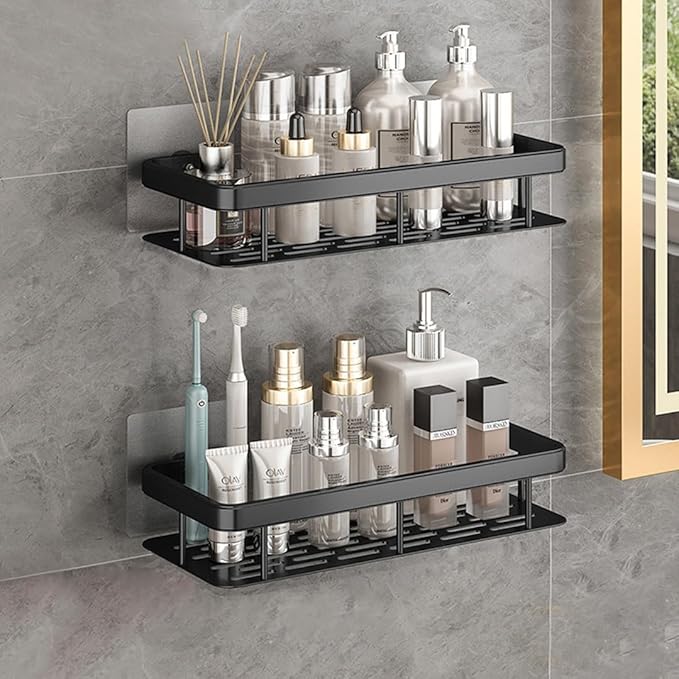 lanlord Wall Mounted Shower Caddy Shelf Organizer Rack,2 Pack 12 inch No Drilling Adhesive Shower Shelves,Bathroom Shower Organizers and Storage,Save Space With Hooks,(Black 2LBLT).